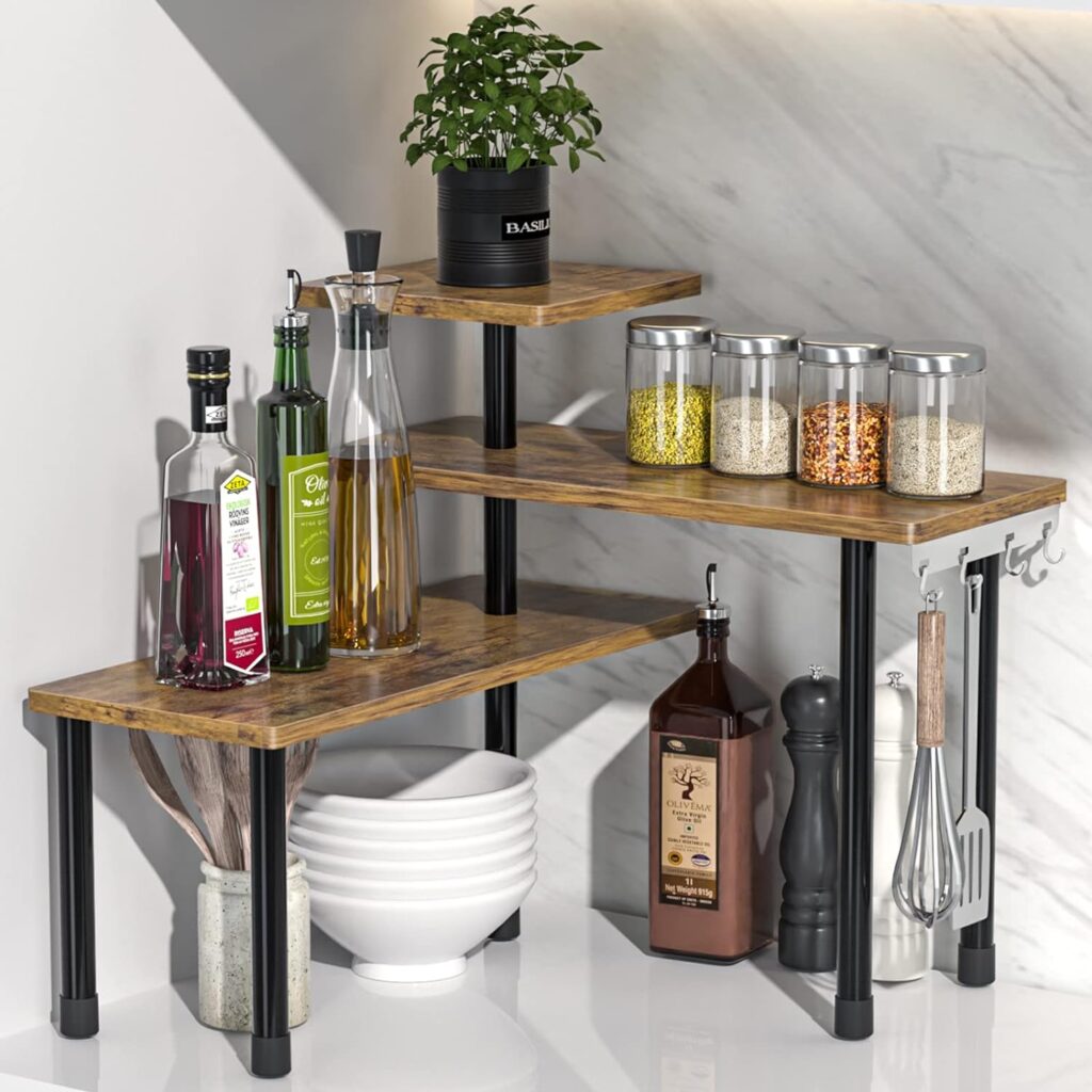 3-Tier Countertop Corner Shelf for Kitchens (Rustic Brown)