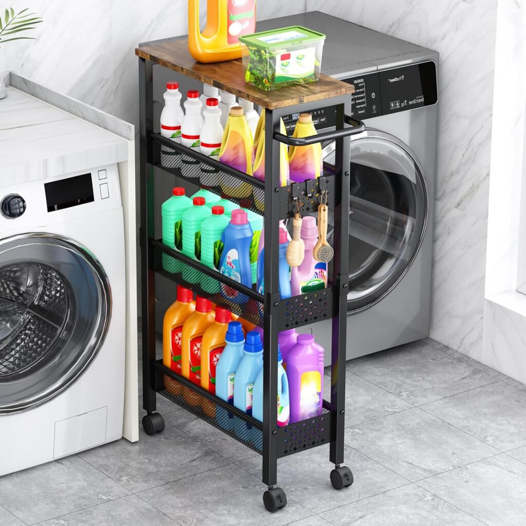 Vivihomety 4-Tier Slim Utility Rolling Laundry Cart with Wheels, Metal