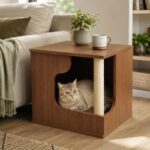 Wooden Cat House Side Table with Storage, Cat Nightstand End